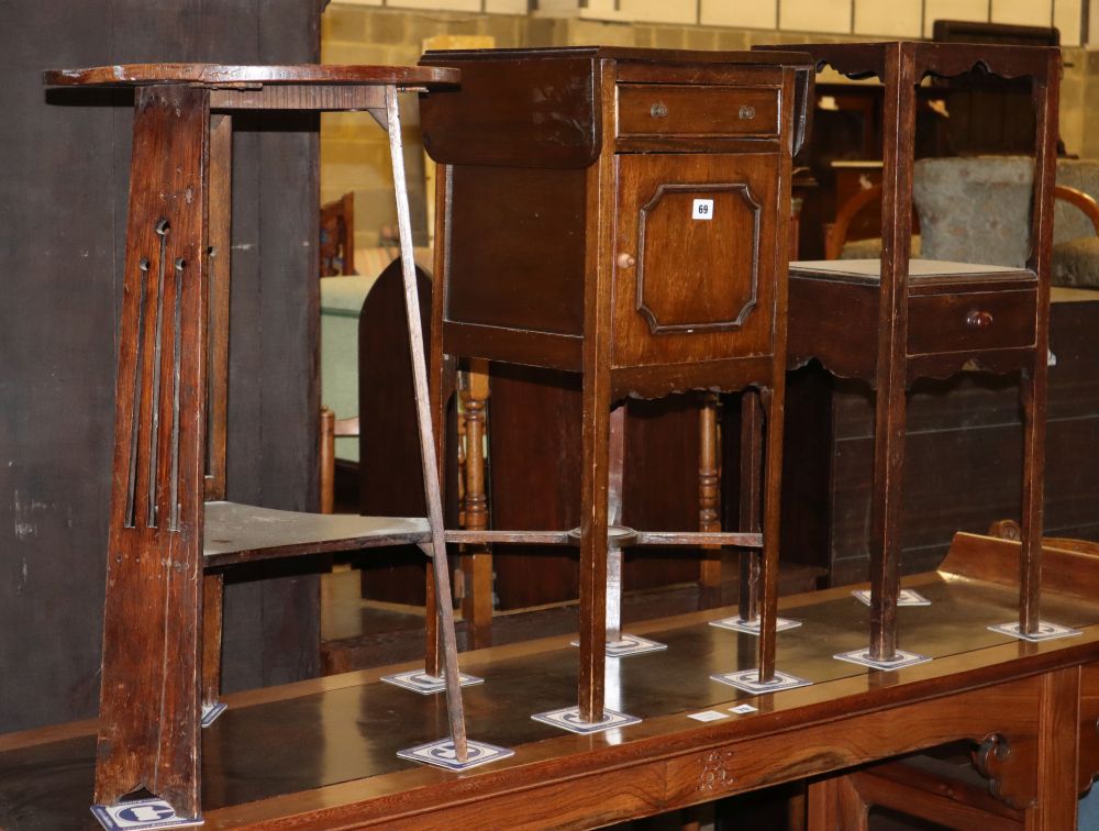 A George III washstand, Arts and Crafts circular table, diameter 43cm and a bedside cabinet (3)